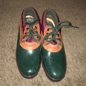green,brown and maroon shoes